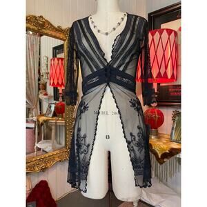 vintage y2k sheer black embroidered blouse victorian style steampunk gothic s/m